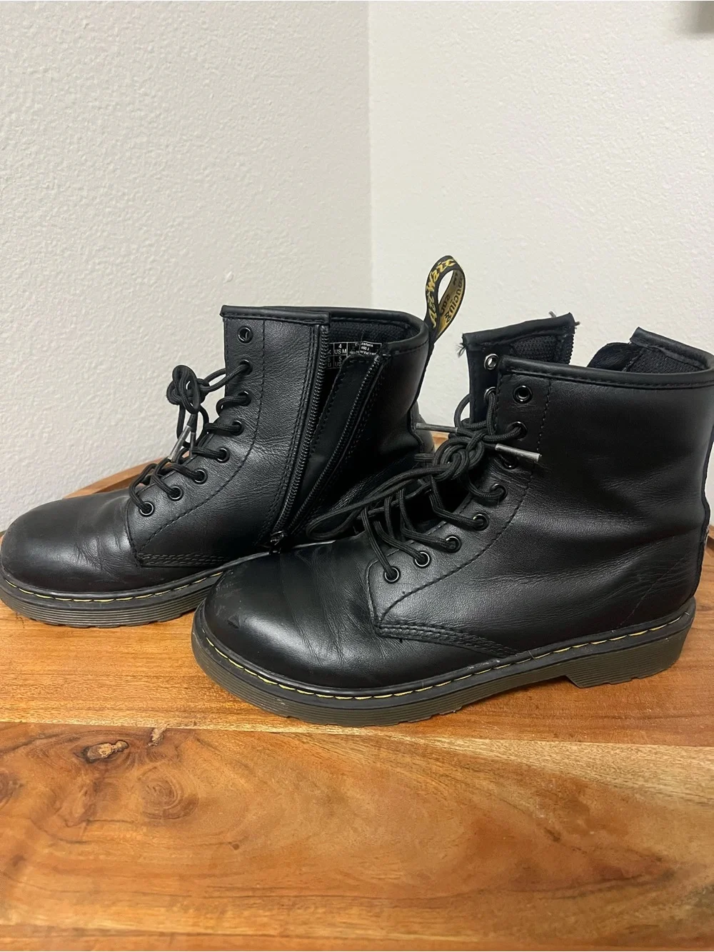 Dr. Martens Black Leather Lace-Up Zip Boots with Yellow Heel Loop